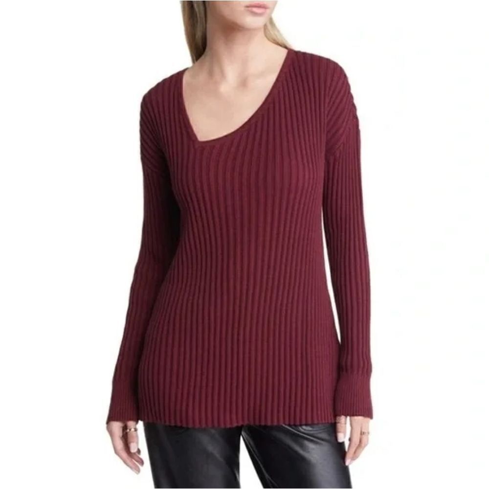 Open Edit Asymmetric V-Neck Tunic Sweater Burgundy